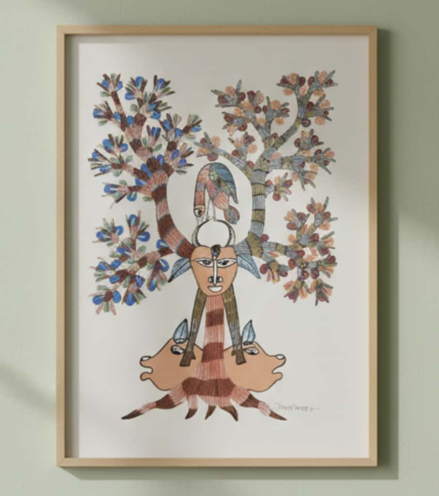 Authentic Gond Painting: "Tribal Deity & Cosmic Tree" | Handmade Folk Art (11" x 15") | Indi Temptation