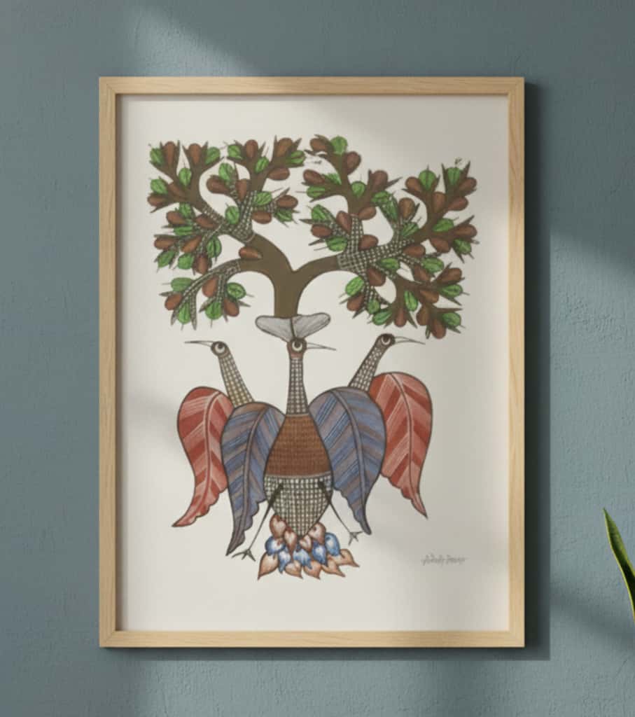 Authentic Gond Painting: "Tree of Life & Birds Motif" | Handmade Tribal Folk Art (11" x 15") | Indi Temptation