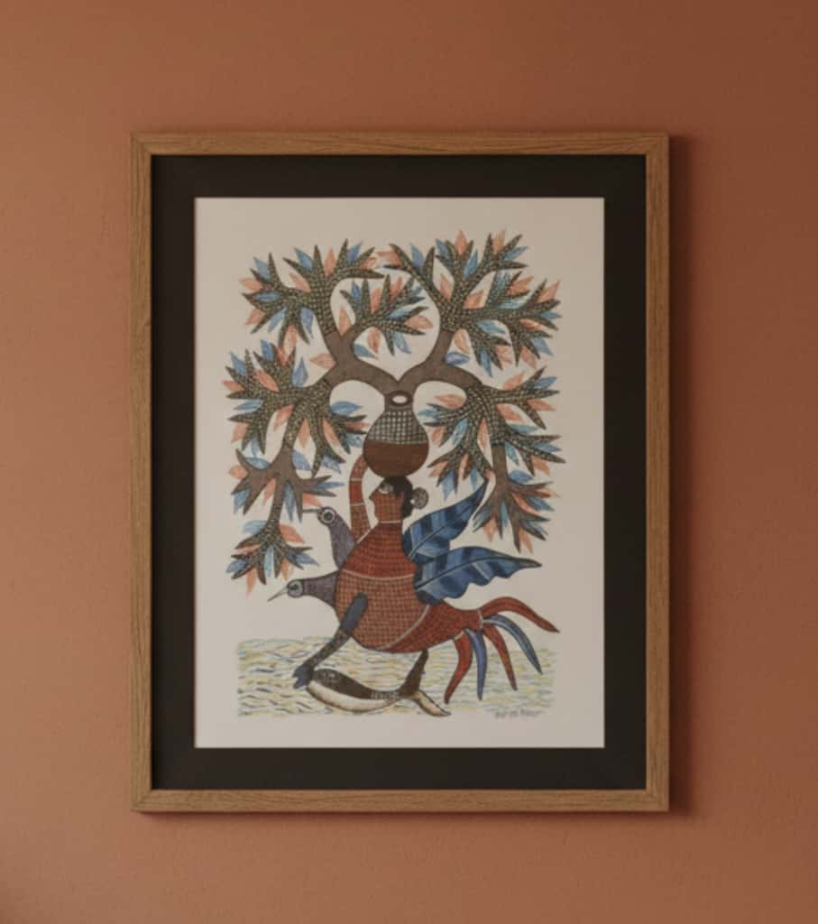 Authentic Gond Painting: "Mythical Bird Woman With Pot" | Handmade Tribal Folk Art (11" x 15") | Indi Temptation