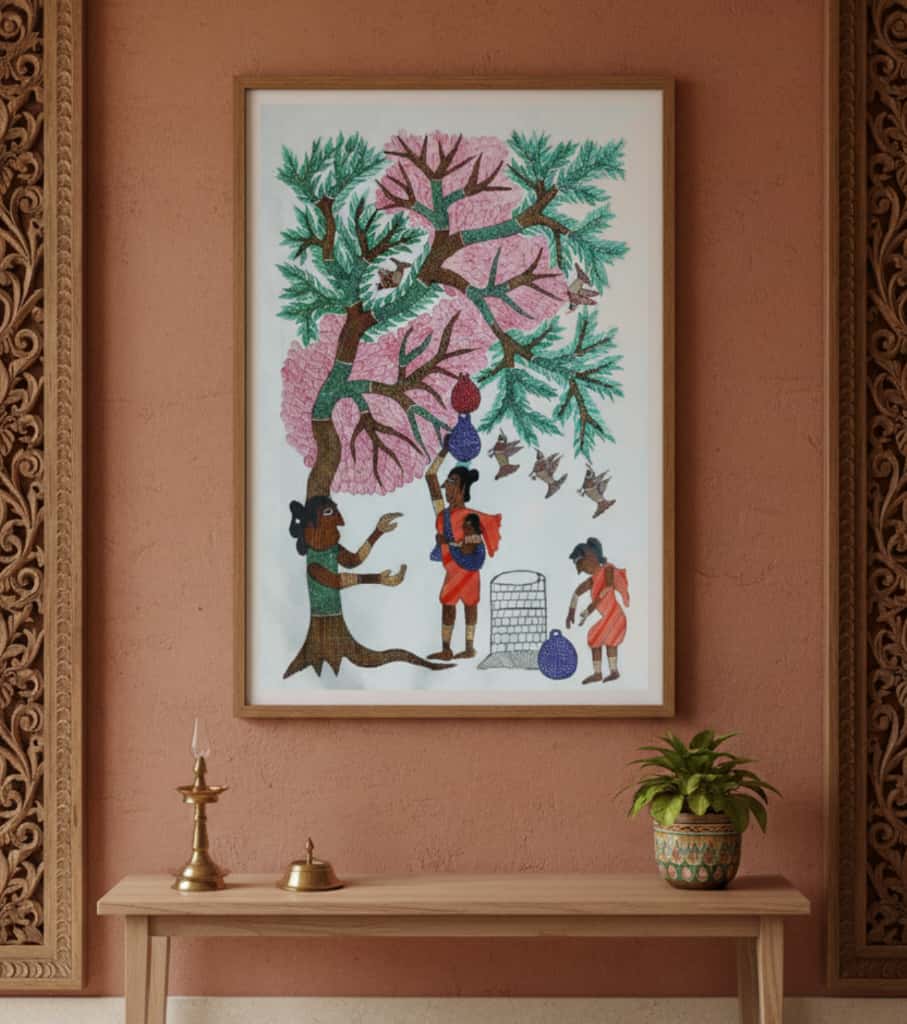 Authentic Gond Painting: "Water Carriers & Tree of Life" | Handmade Tribal Folk Art (11" x 15") | Indi Temptation