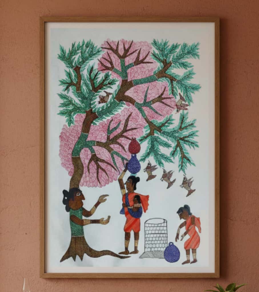 Authentic Gond Painting: "Water Carriers & Tree of Life" | Handmade Tribal Folk Art (11" x 15") | Indi Temptation