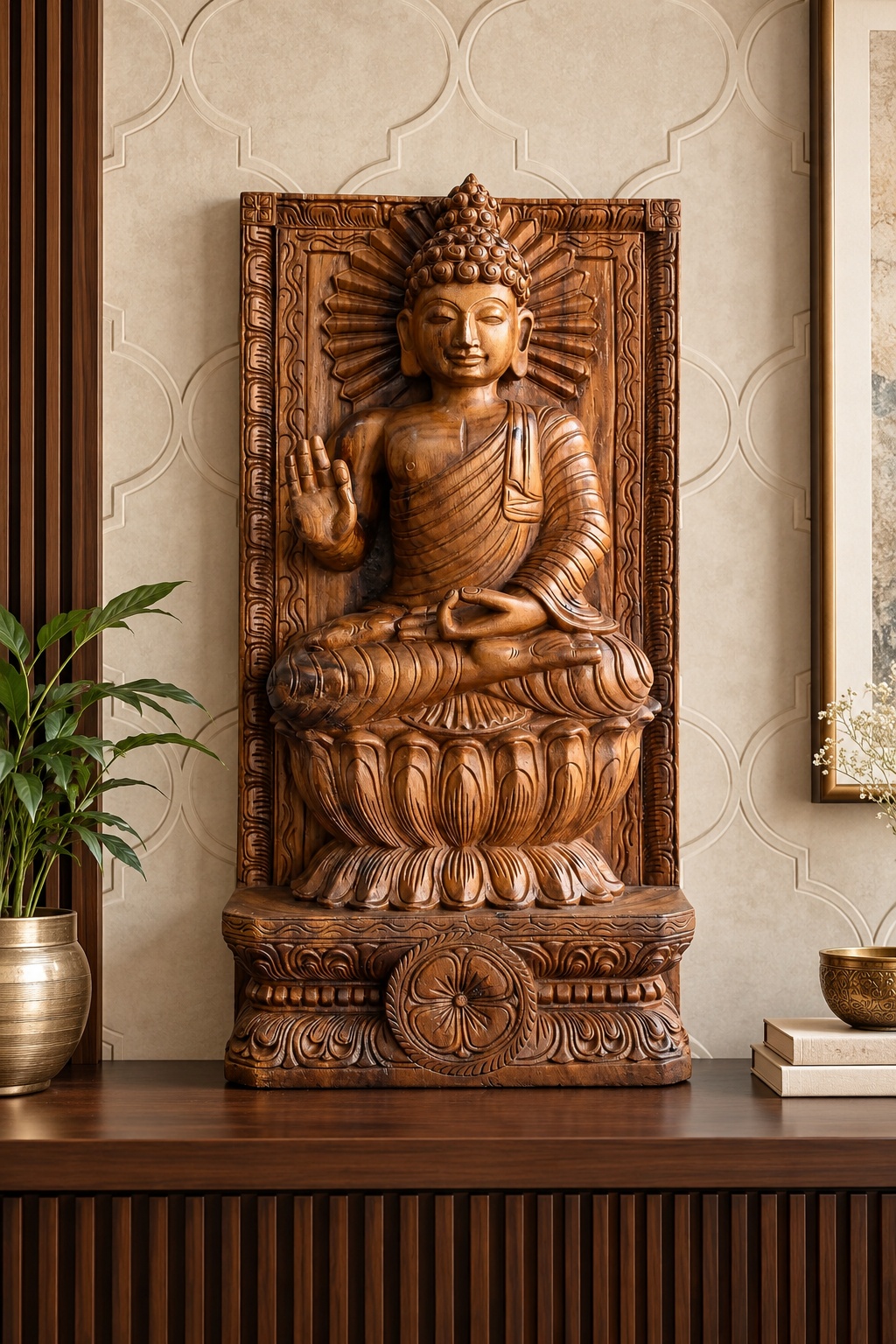 Wooden Buddha with Ornate Lotus Throne