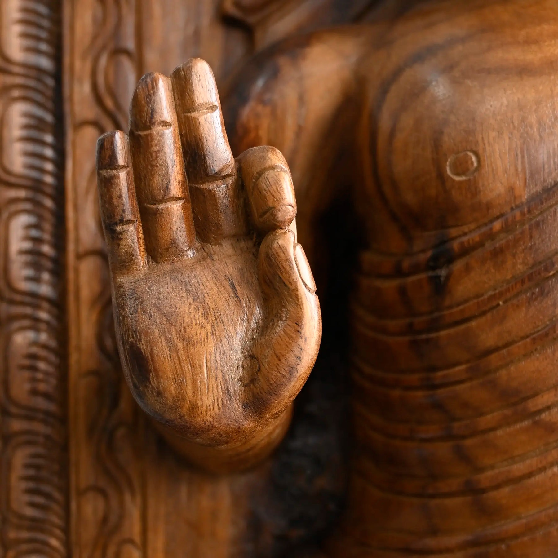 Wooden Buddha with Ornate Lotus Throne