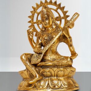 Goddess Saraswati Idol – Brushed Gold Metal Finish