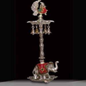 Elephant Diya Stand with Enamel Work in White Alloy