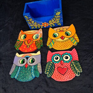 Chirpy Owls Wooden Coaster Set (4 pcs)