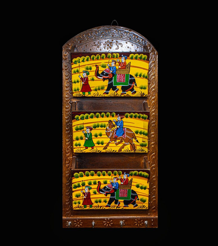 Hand-Painted Wooden Magazine Holder with 3 Pockets – Rajasthani Folk Art