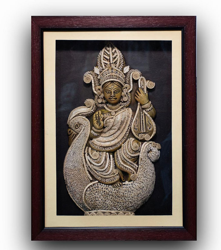 Divine Saraswati Wall Frame – Eco Art in Jute-wood [pāṭa-kāhihi] , Dry dry tube of jute tree Eco Sculpture