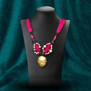 Rustic Tribal Bell Pendant Necklace with Thread Beading