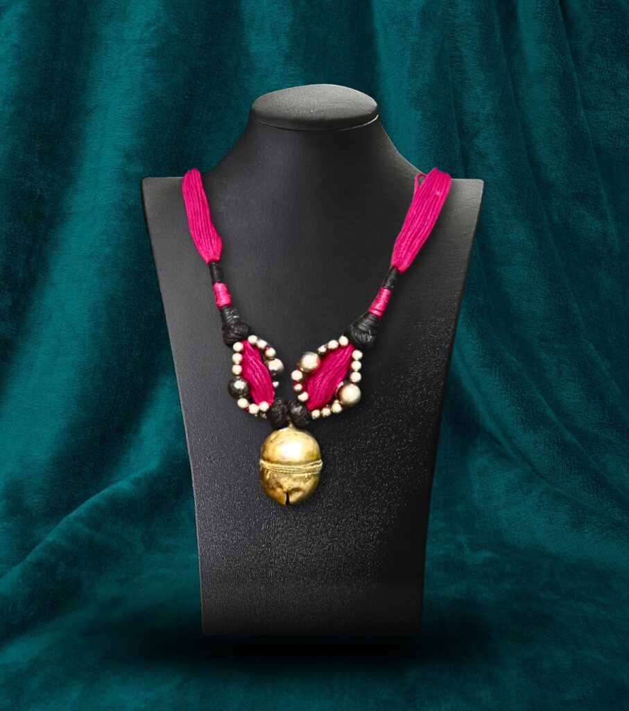 Rustic Tribal Bell Pendant Necklace with Thread Beading