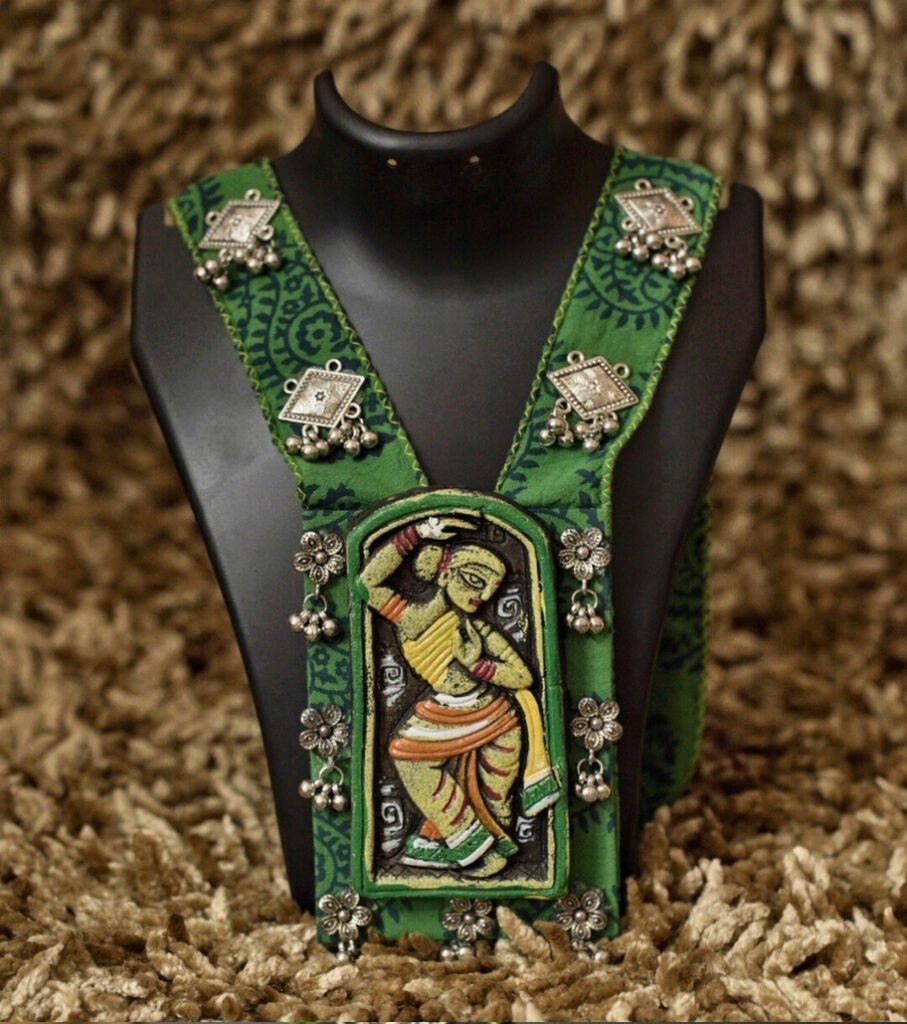 Nritya Kala Handpainted Green Fabric Necklace Set