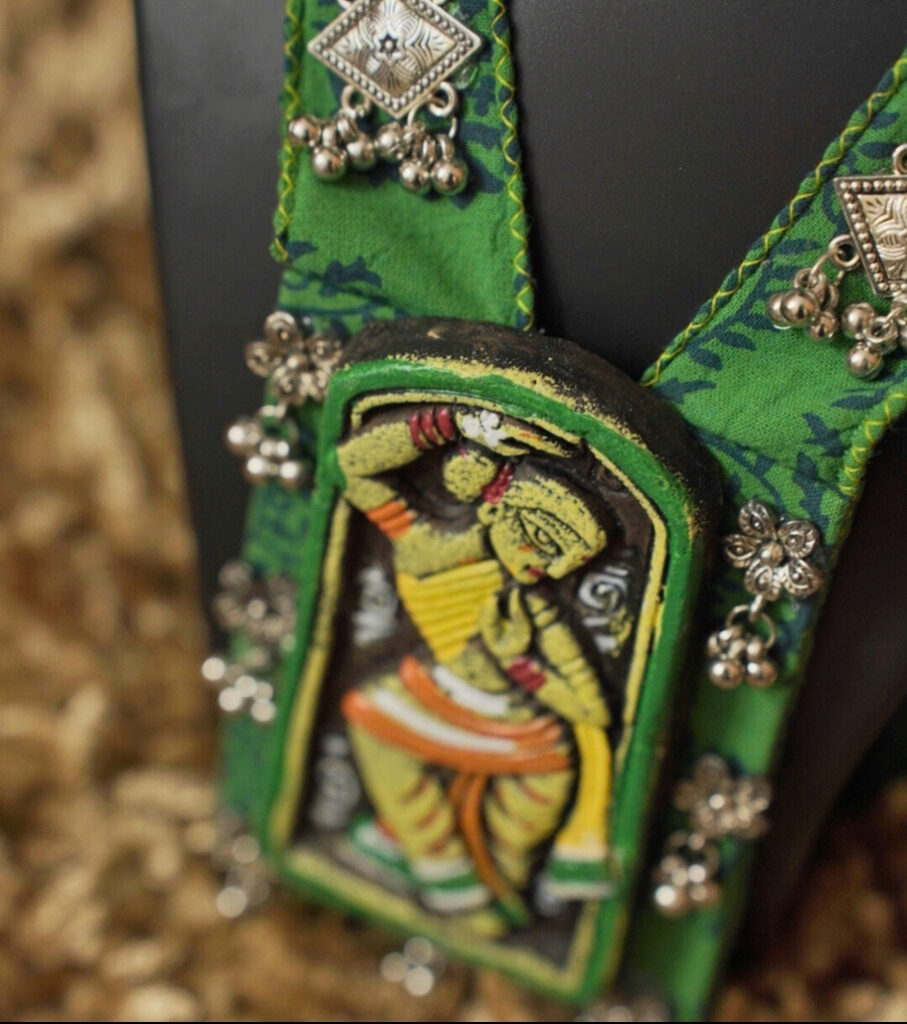 Nritya Kala Handpainted Green Fabric Necklace Set
