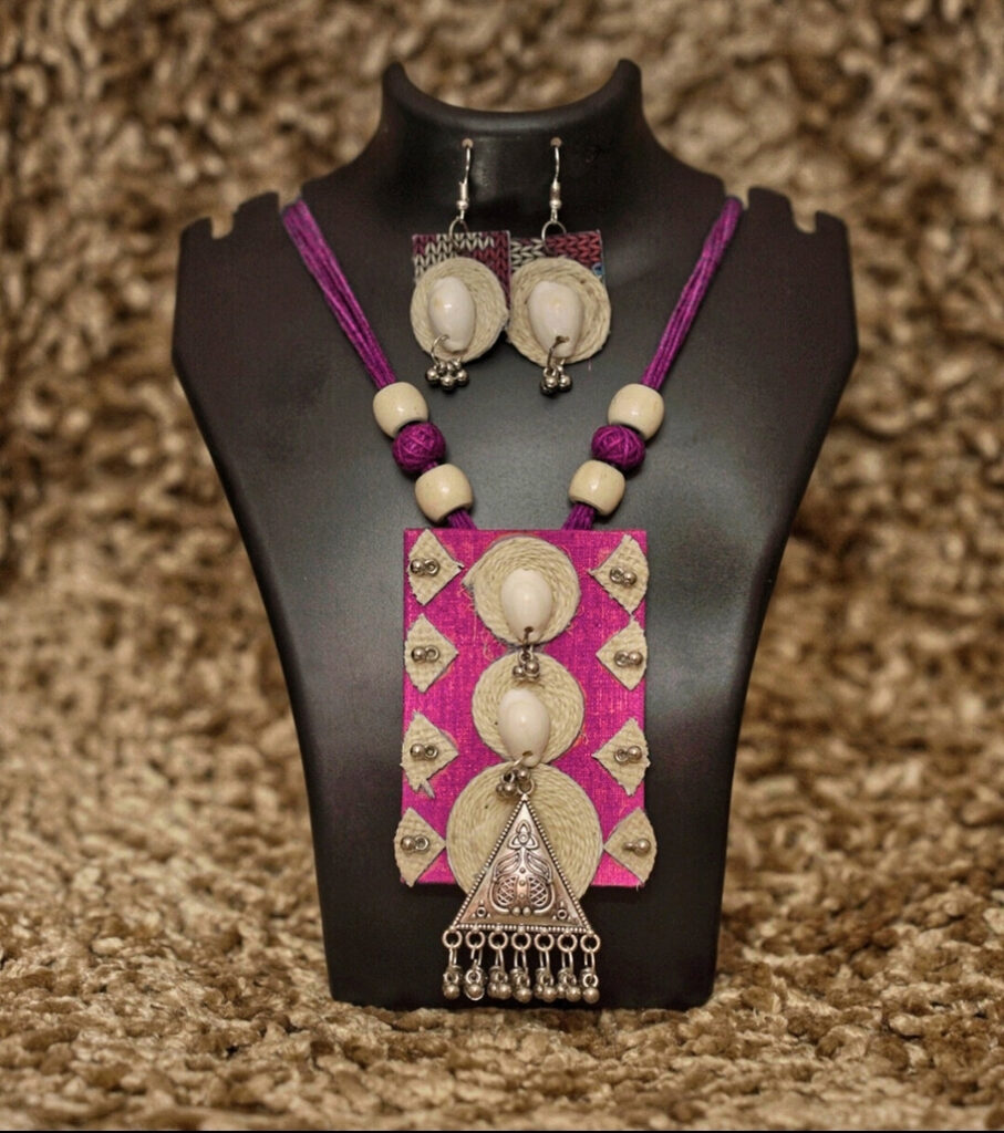 Tribal Essence Jute Cowrie Necklace Set – Magenta Edition