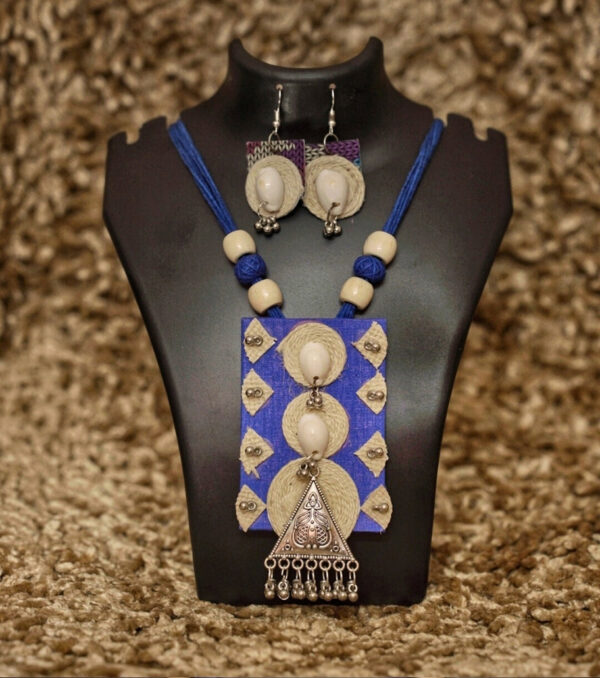 Tribal Essence Jute Cowrie Necklace Set – Indigo Blue Edition