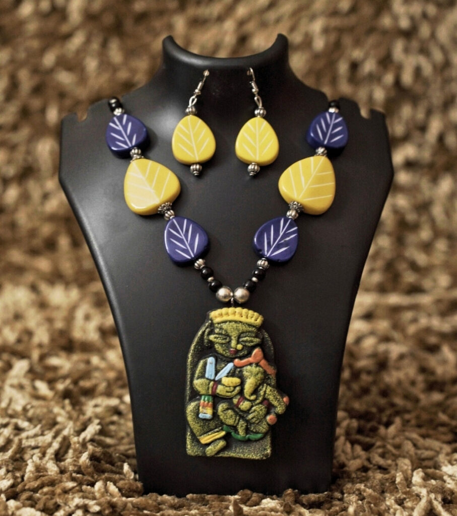 Tribal Tales Terracotta Necklace Set – Yellow & Indigo Edition