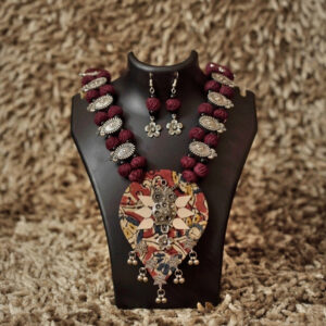 Vintage Bloom Afghani Thread Necklace Set – Maroon & Silver