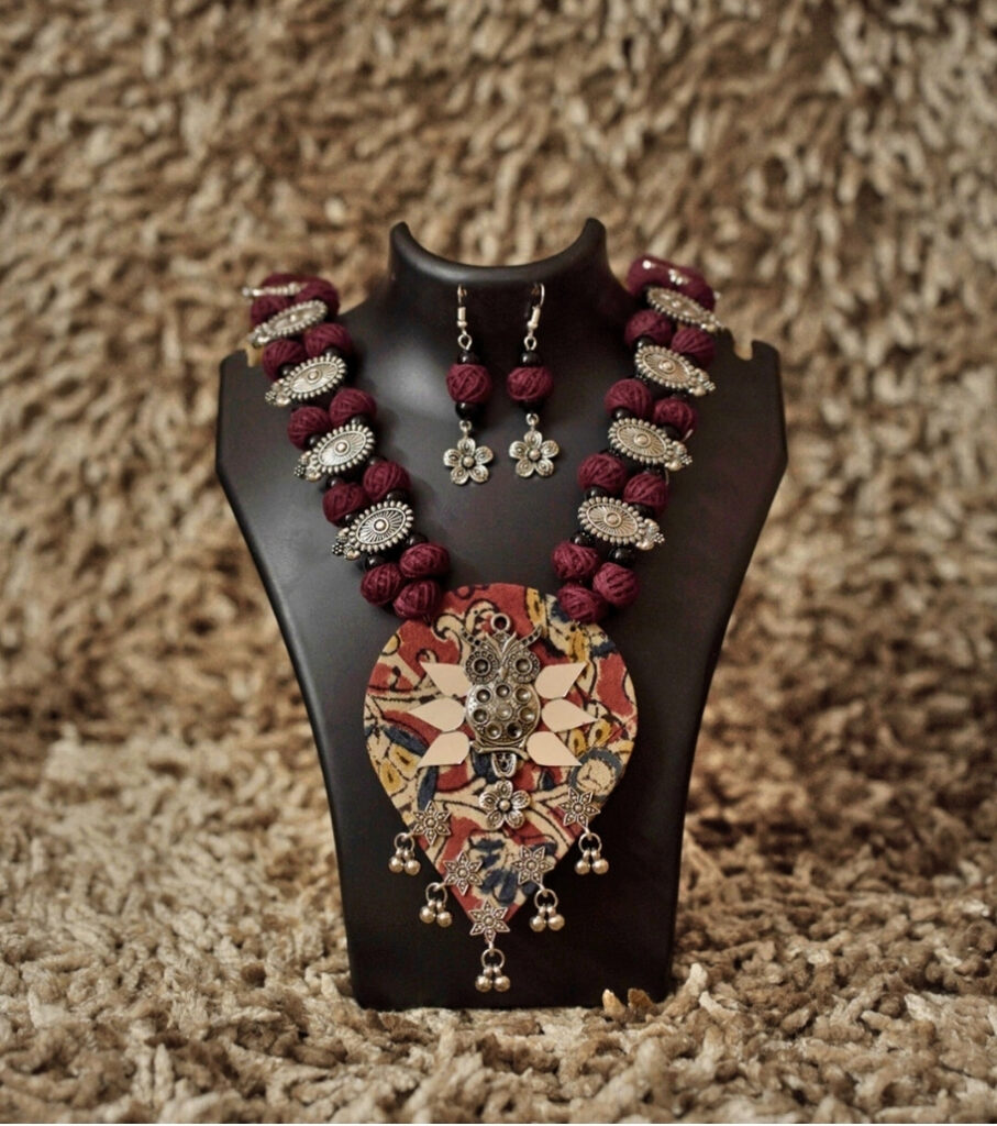 Vintage Bloom Afghani Thread Necklace Set – Maroon & Silver