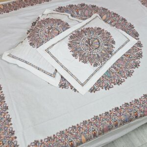 : Mandala Glory Madhubani Handpainted Cotton Bedsheet Set (1 Bedsheet + 2 Pillowcases)