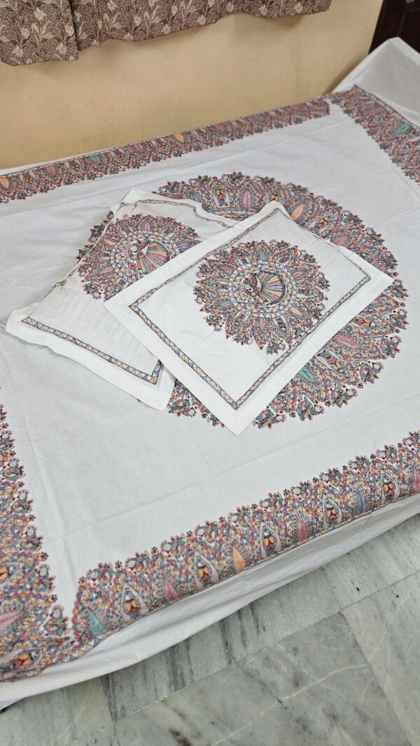 : Mandala Glory Madhubani Handpainted Cotton Bedsheet Set (1 Bedsheet + 2 Pillowcases)