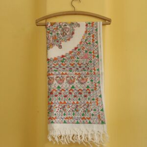 : Harmony of Birds Madhubani Handpainted Cotton Dupatta