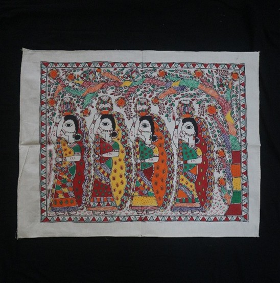 "Ritual Procession" – Handpainted Madhubani Art on Cotton