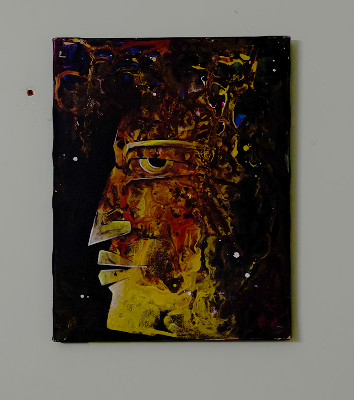 Artwork Theme:Inner Fire & Stoic Resistance Catchline:In darkness, some faces burn with truth. Short Description: The Silent Witness is a powerful side-profile portrait executed in a molten mix of amber, crimson, and charcoal tones. Rani Bhawani’s deft use of abstract form and texture evokes the silent resilience of those who observe and endure. The glowing eye, set deep in layers of shadow, seems to pierce through silence itself. Highlights: ● Bold abstract portrait by child artist Rani Bhowani ● Oil & mixed-media finish with fluid layering ● Striking use of contrast between fire and void ● Created under Innocent Hand – uplifting marginalized talent through art ● Artist’s signature visible in subtle lower stroke