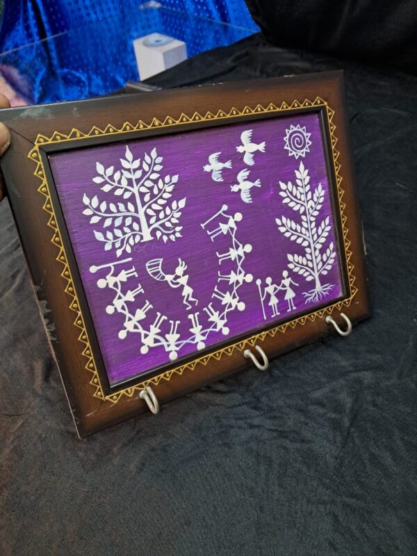 Warli Whimsy – Violet Wooden Key Holder