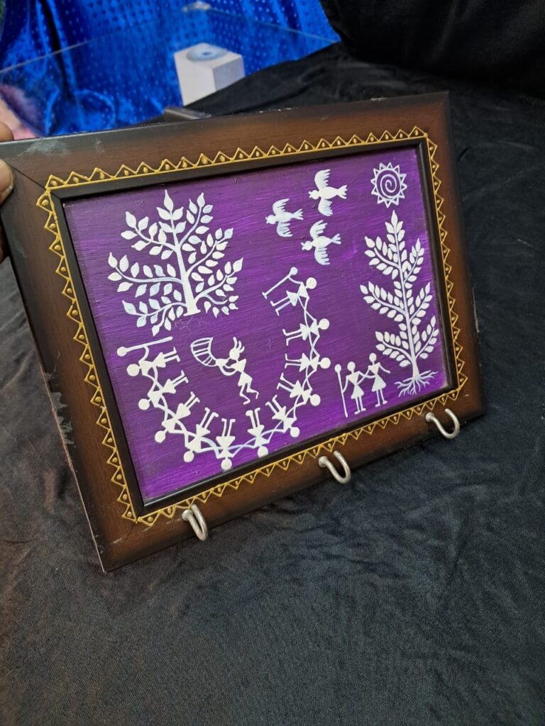 Warli Whimsy – Violet Wooden Key Holder