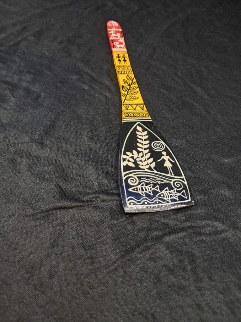 Handcrafted Warli Art Wooden Spatula – “River Life”