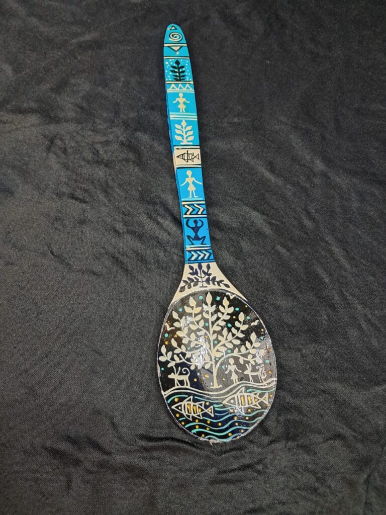 Handcrafted Warli Art Wooden Spoon – “Moonlit Waters”