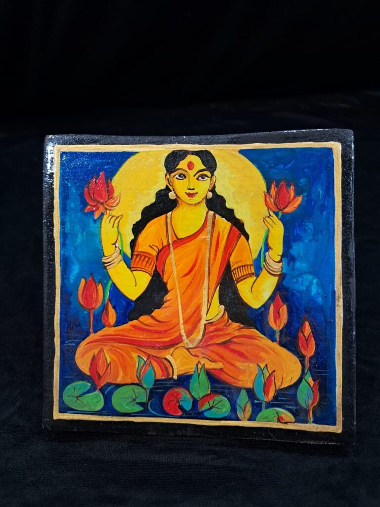 Hand-Painted Wooden Lakshmi Art Tile – “Grace of Prosperity”