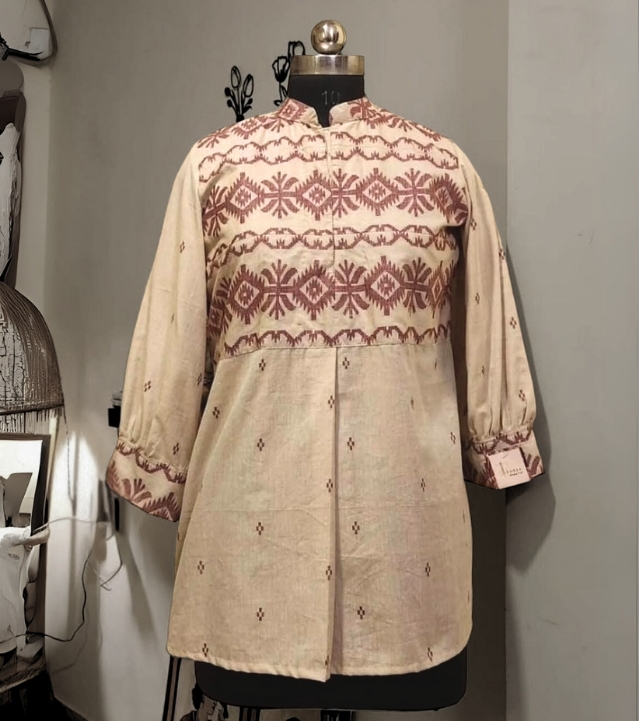 Beige & Maroon Cotton Jamdani Tunic Top