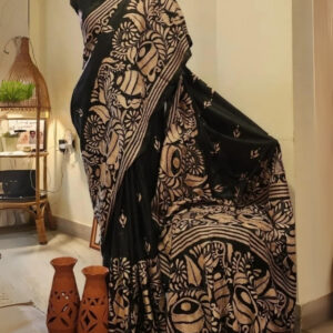 Black & Beige Blended Silk Kantha Saree