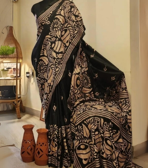 Black & Beige Blended Silk Kantha Saree
