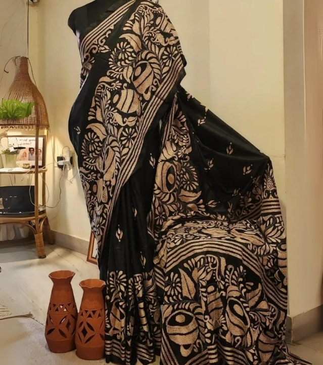 Black & Beige Blended Silk Kantha Saree
