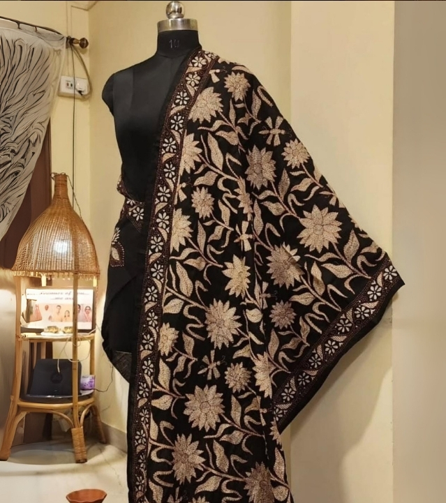Black & Beige Cotton Kantha Work Dupatta
