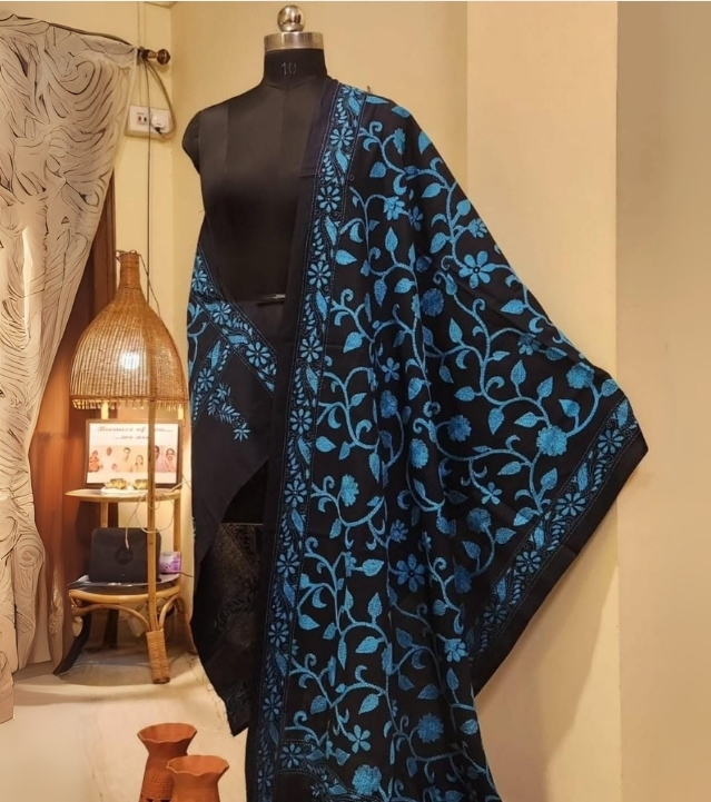 Black & Blue Cotton Kantha Work Dupatta