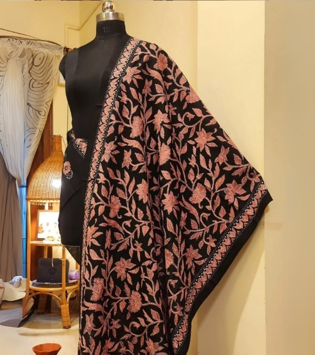 Black & Pink Cotton Kantha Work Dupatta