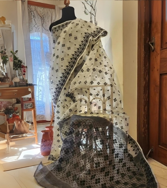 Black & White Cotton Dhakai Jamdani Saree