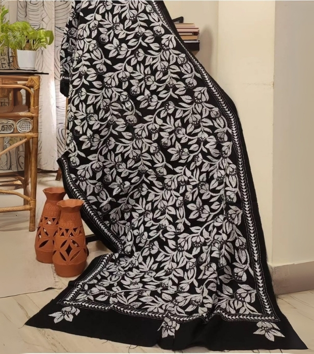 Black & White Cotton Kantha Work Dupatta