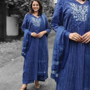 Blue and White Khadi Salwar Suit with Hand Embroidery & Block Printed Dupatta