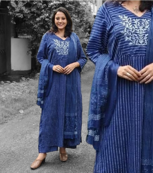 Blue and White Khadi Salwar Suit with Hand Embroidery & Block Printed Dupatta