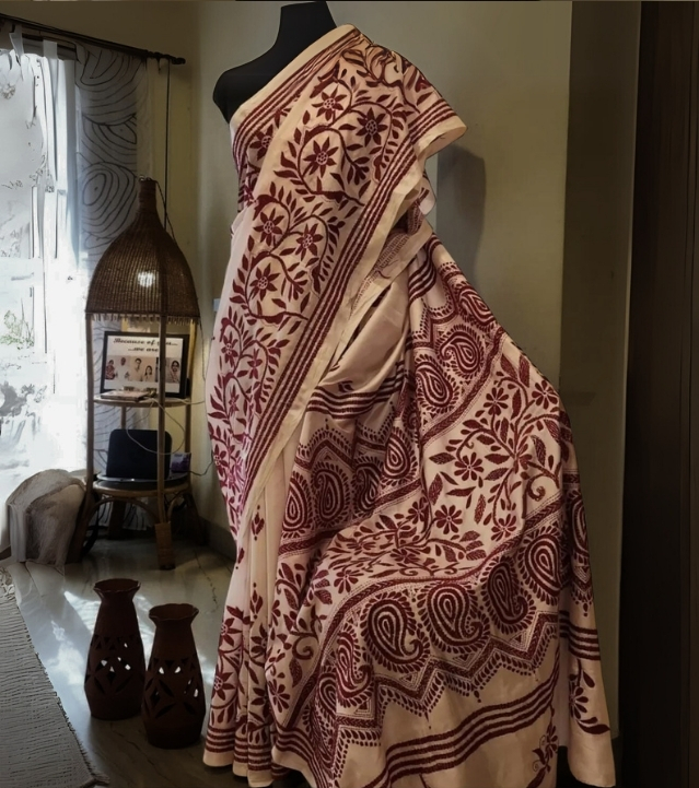 Blush Pink Blended Silk Kantha Saree