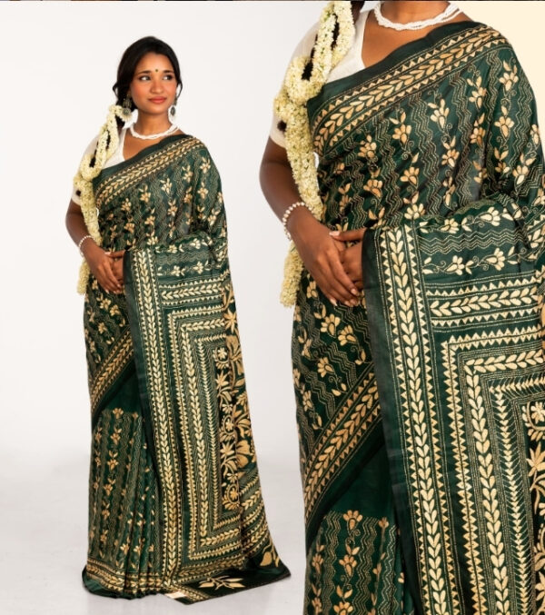 Bottle Green Blended Silk Kantha Saree
