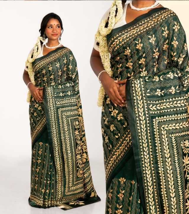 Bottle Green Blended Silk Kantha Saree