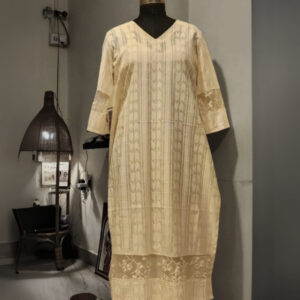 Cotton Off-White Jacquard Kurta with Sheer Lace Panels