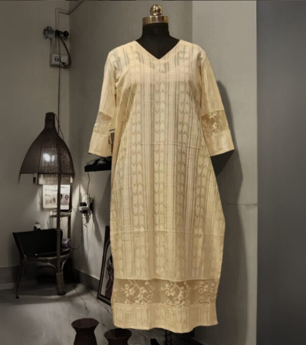 Cotton Off-White Jacquard Kurta with Sheer Lace Panels