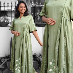 Green Glazed Cotton Salwar Suit with Hand Embroidery