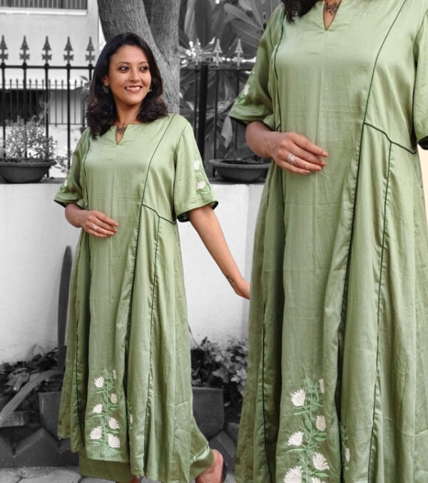 Green Glazed Cotton Salwar Suit with Hand Embroidery