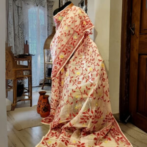 White & Red Muslin Dhakai Jamdani Saree